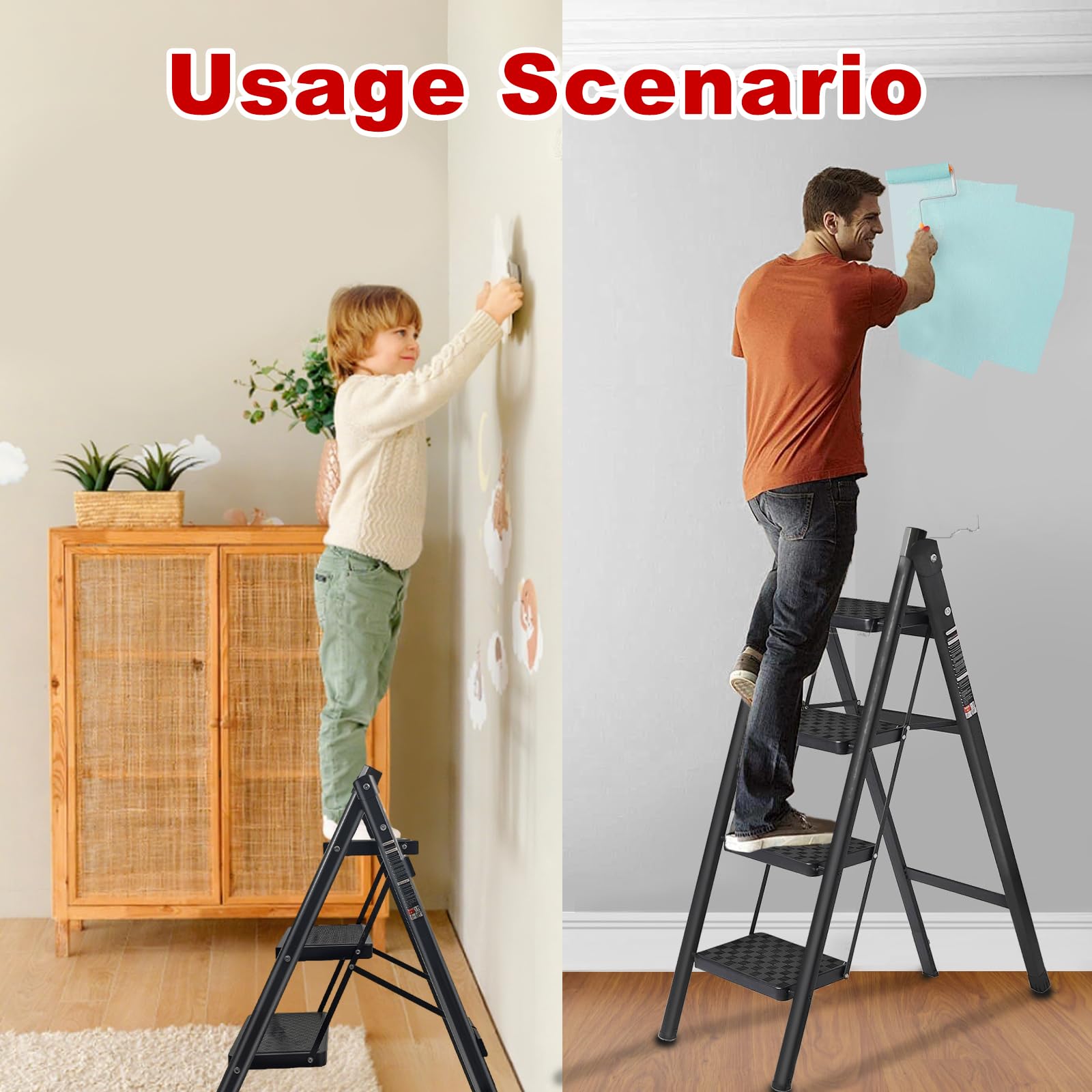 JaxSteam 2 Step Ladder in office helps reach high shelves.