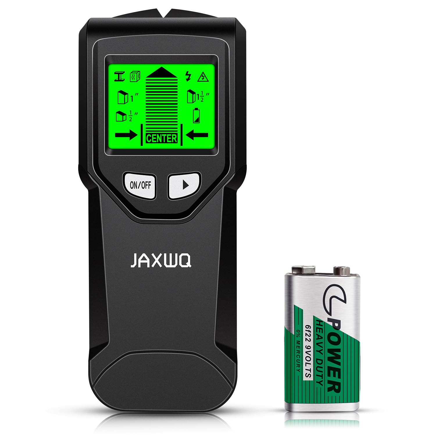 JAXWQ 5-in-1 stud finder shows center and edge of studs on the display.