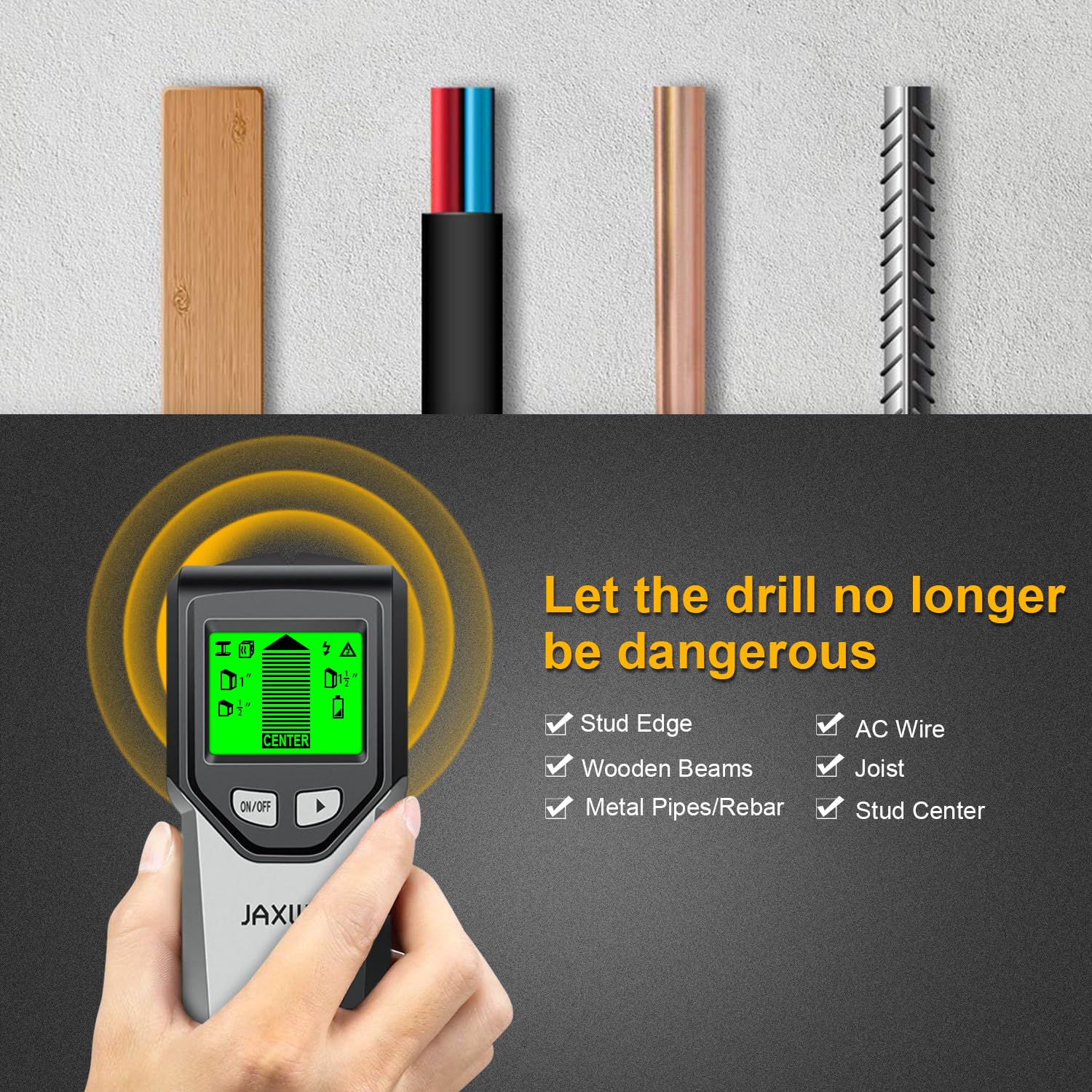 JAXWQ stud finder battery status icon helps plan battery replacement.