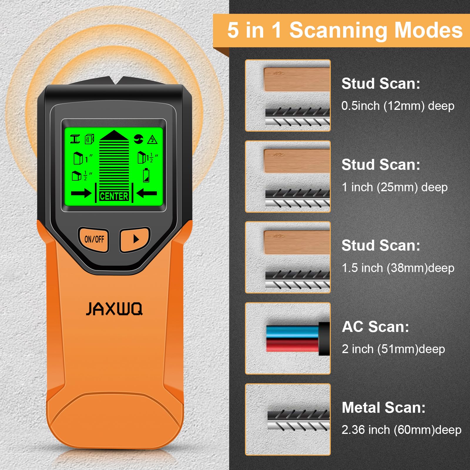 JAXWQ deep scan mode reveals wider objects like pipes behind walls.