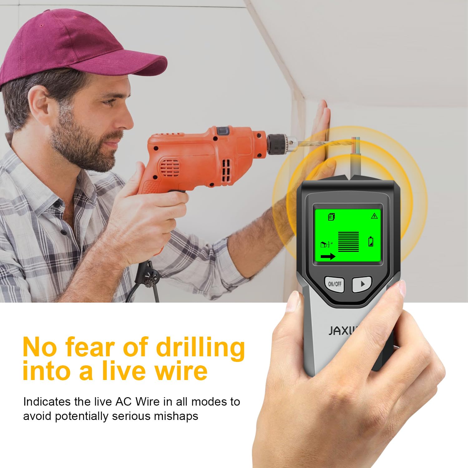 JAXWQ stud finder deep scan mode detects hidden objects behind walls.