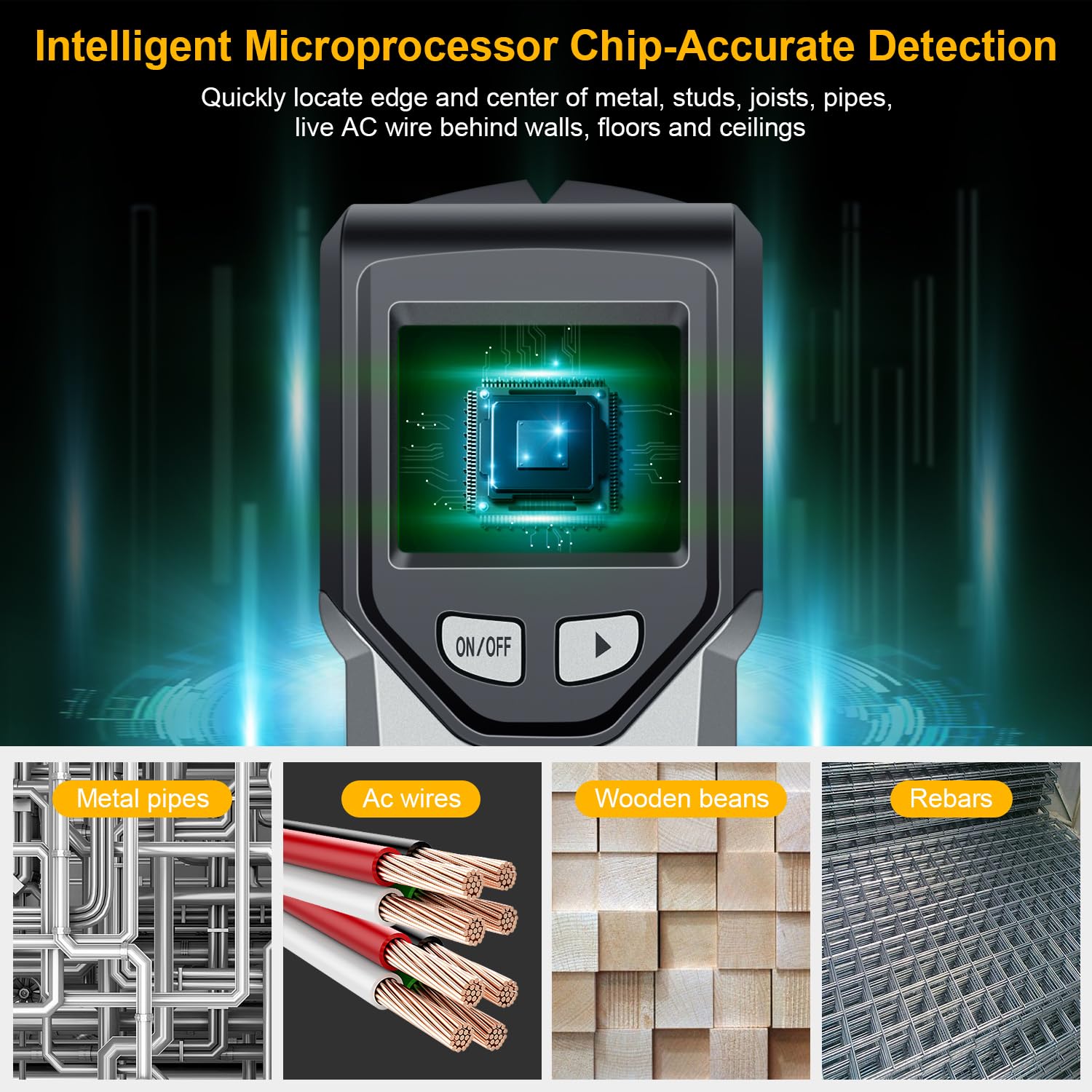 JAXWQ stud finder LCD display clearly shows center and edge locations.