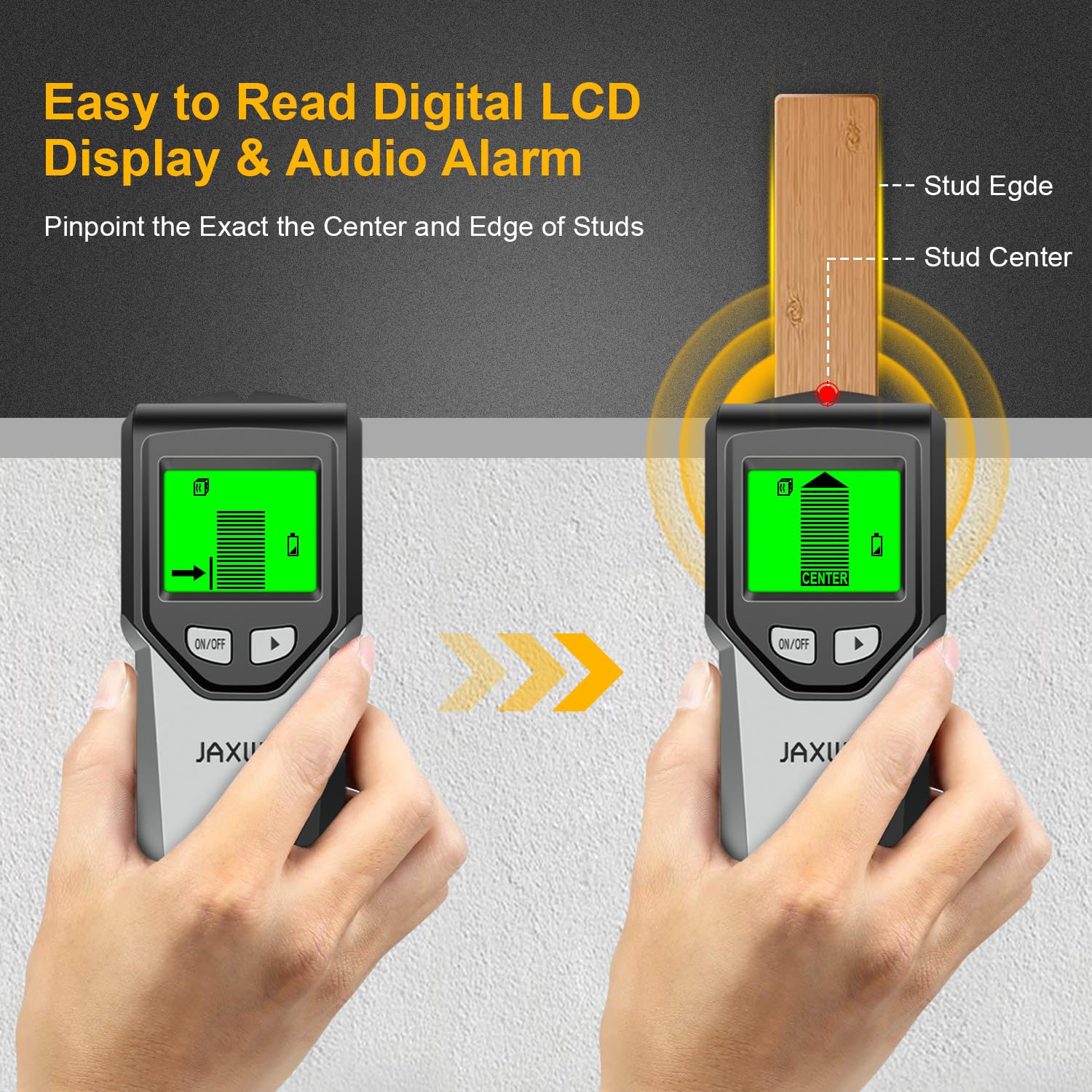 JAXWQ stud finder metal scan mode identifies studs near metal plumbing.