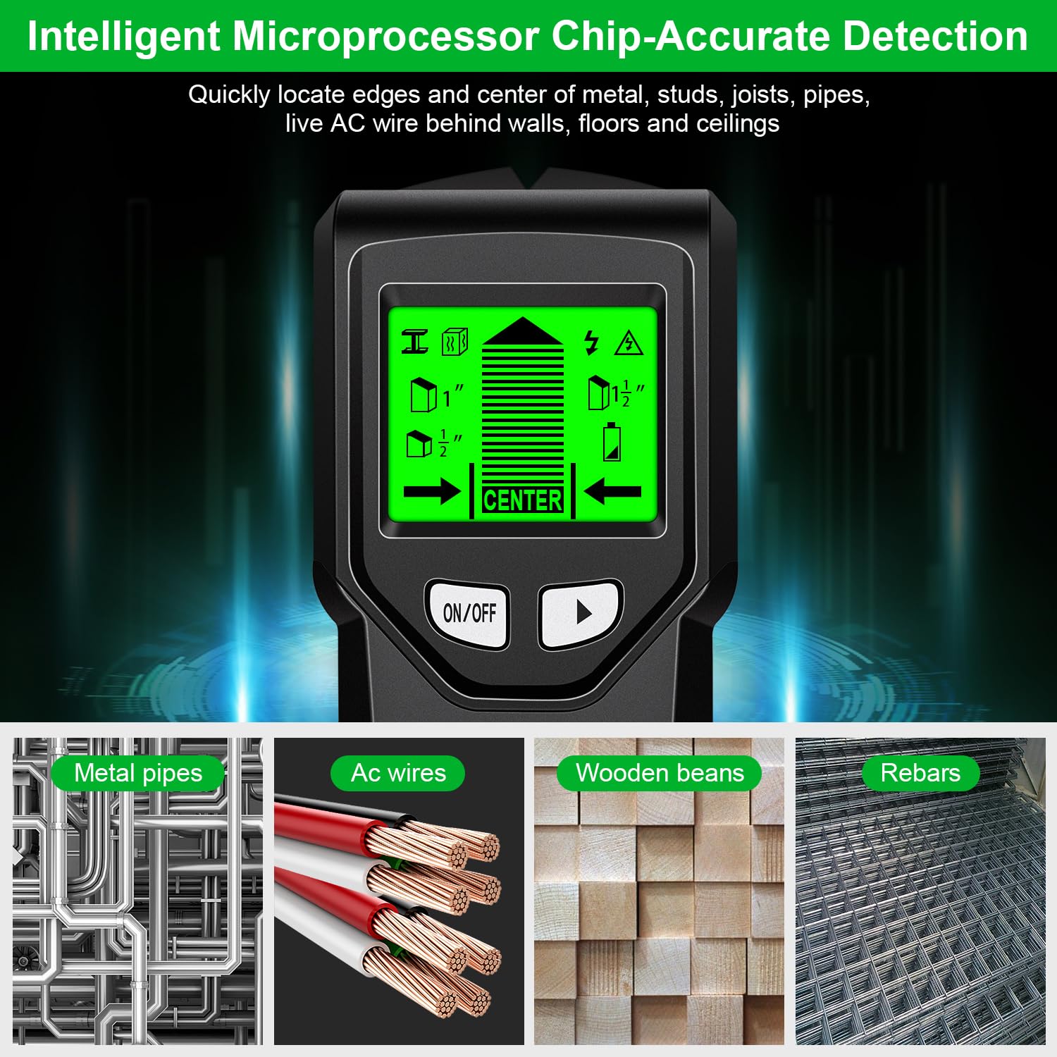 JAXWQ wall scanner highlights centers and edges for precise hanging.