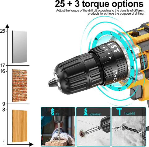Jaylene 3-in-1 drill mode enabling screwdriver, drilling, and hammer tasks.