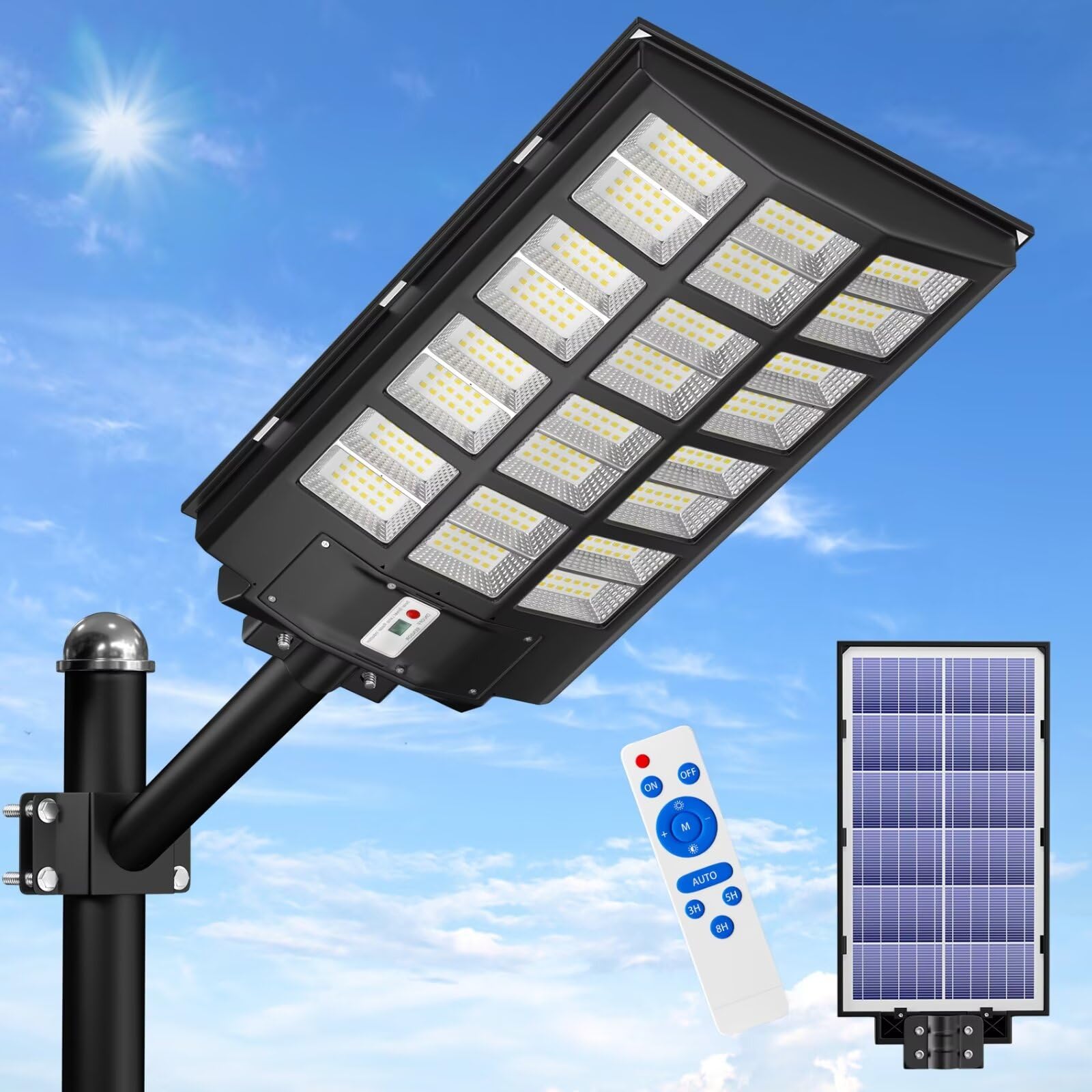 JAYNLT Y-6800W front view solar street light showing robust housing and bright array for broad yard illumination.