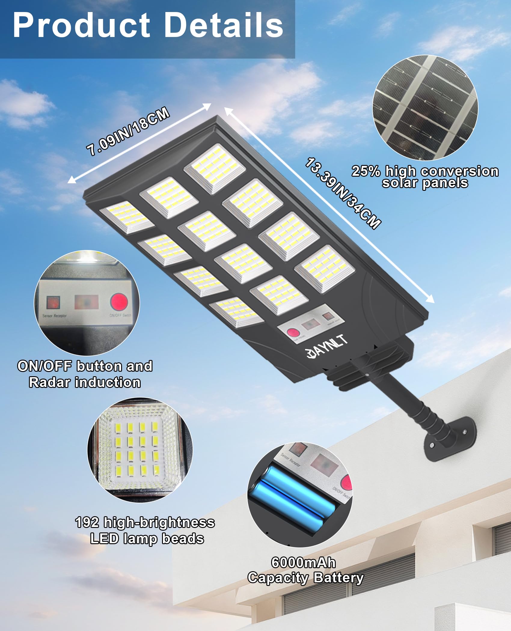 JAYNLT solar lights security illumination for patios, fences, and entryways.