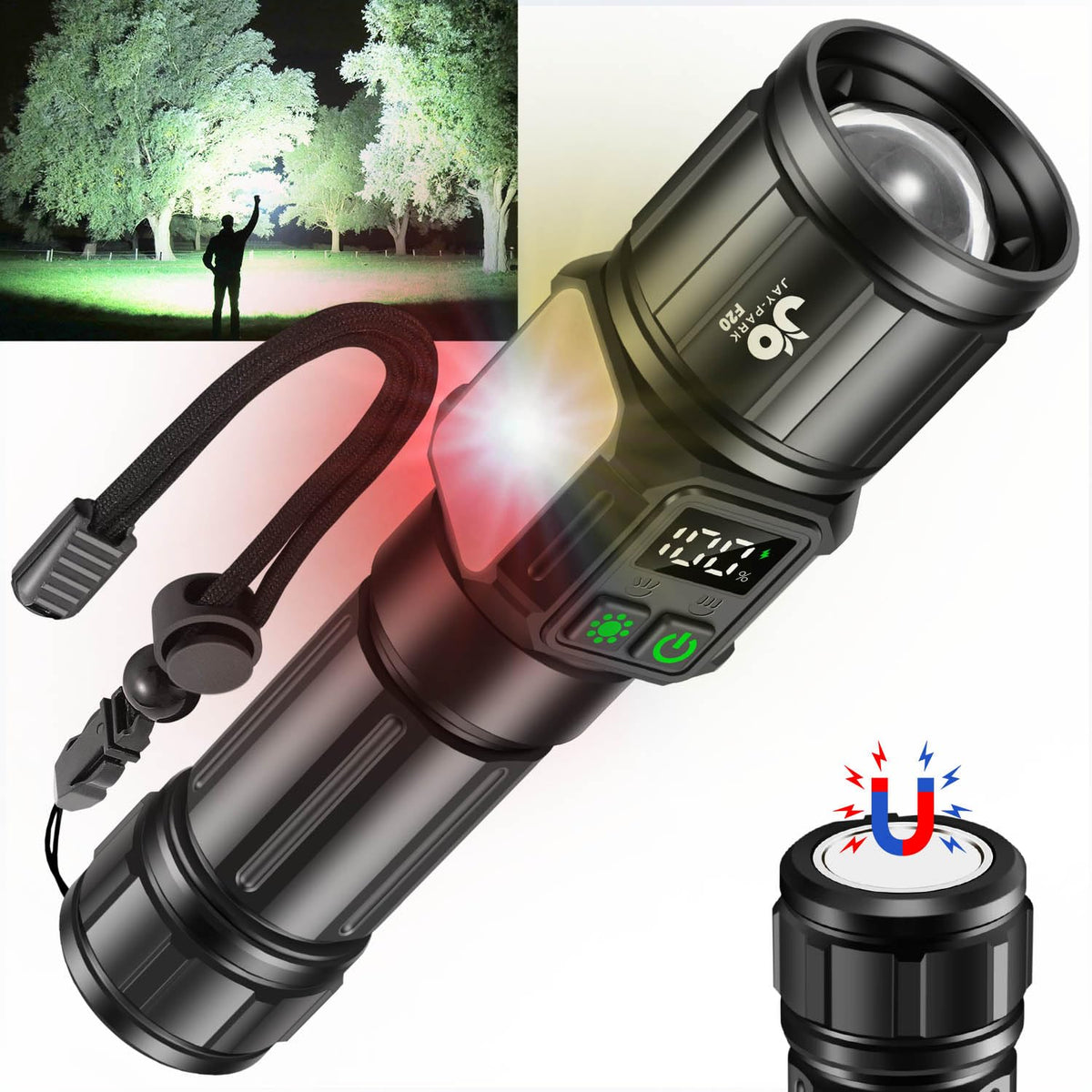JAY-PARK Flashlight with 100000 lumens for long-range outdoor illumination