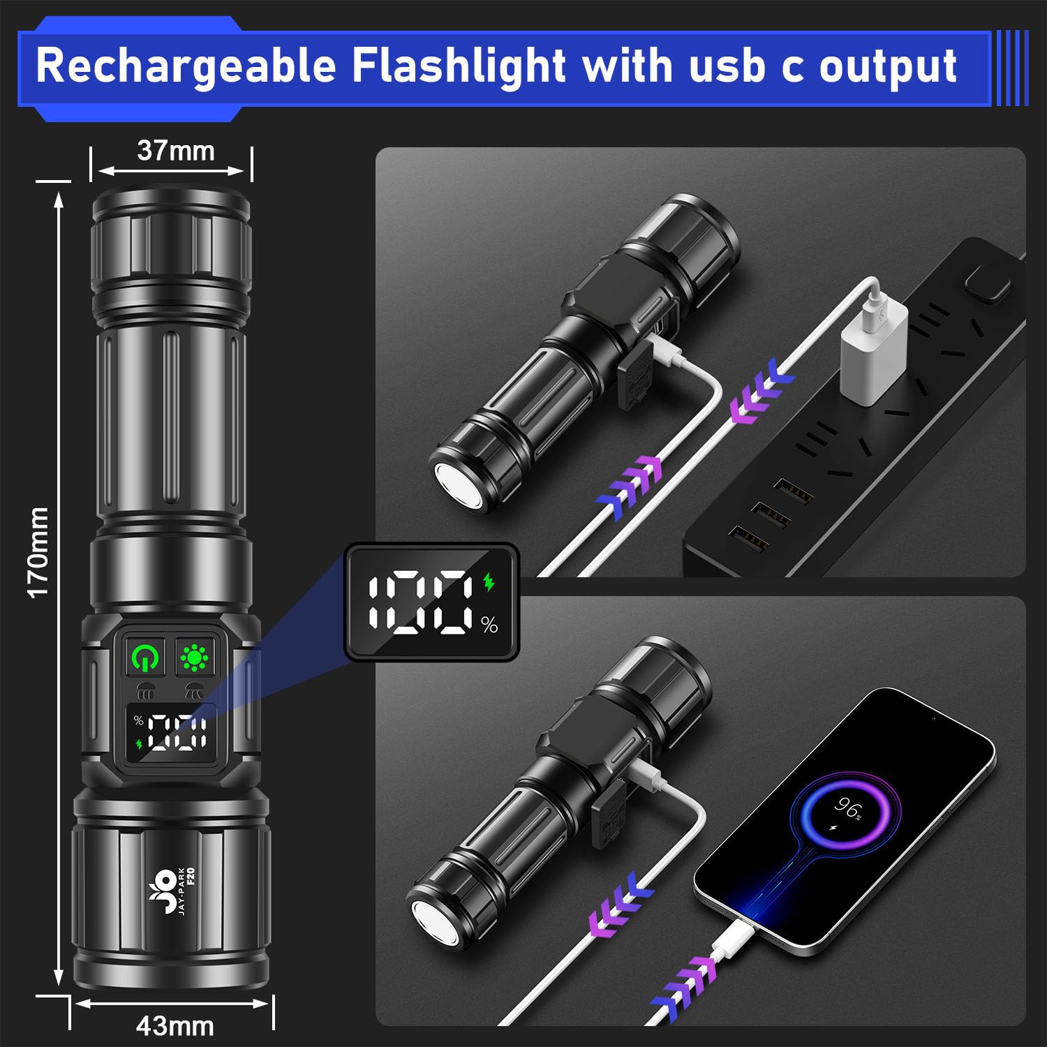 JAY-PARK Flashlight IPX7 waterproof design for rain and immersion