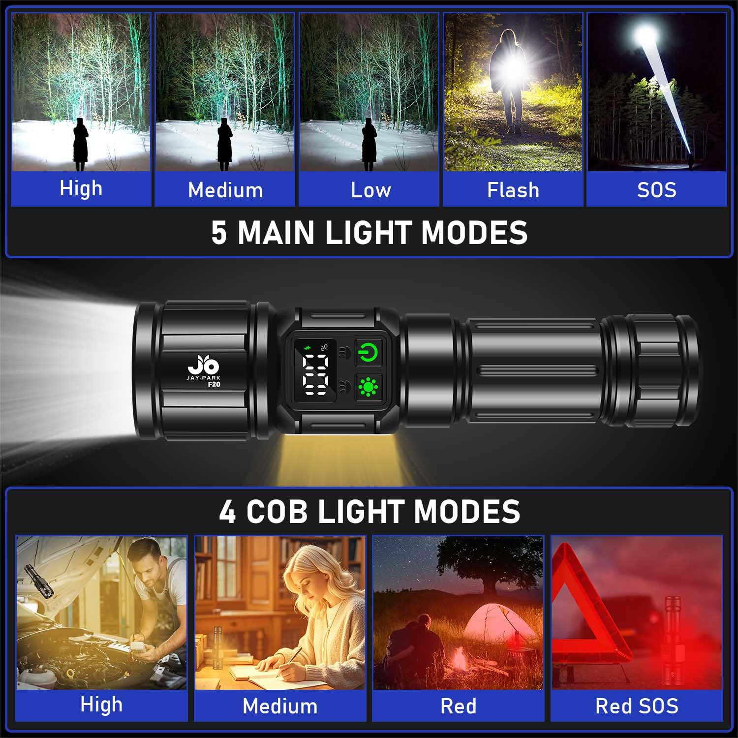 JAY-PARK Flashlight long-range beam highlighting far-off visibility