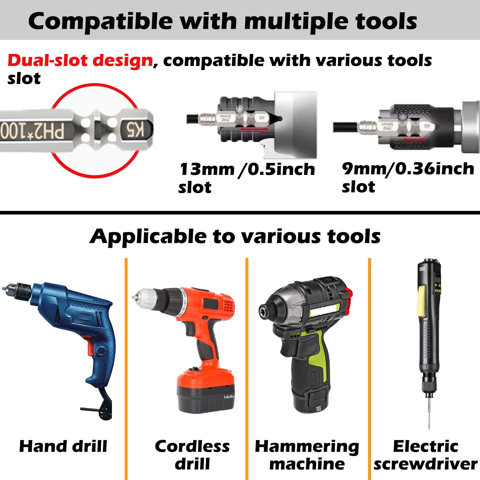 JAYSHYNE tool-compatible bits work with drills, drivers, and manual screwdrivers
