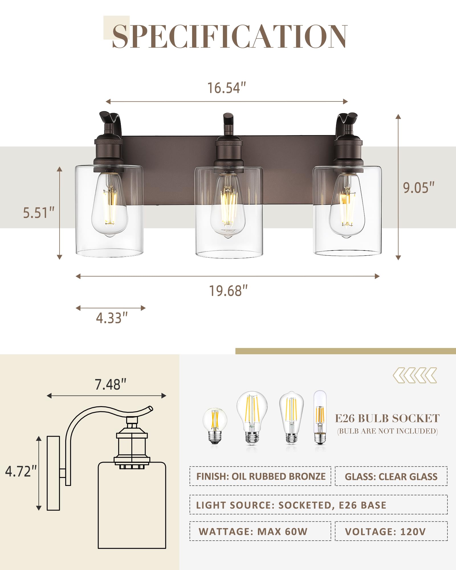 JAZAVA vanity light showcasing bronze finish and clear glass shades for durable bathroom style.
