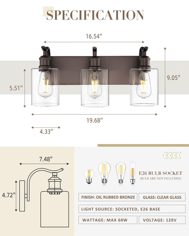 JAZAVA vanity light showcasing bronze finish and clear glass shades for durable bathroom style.