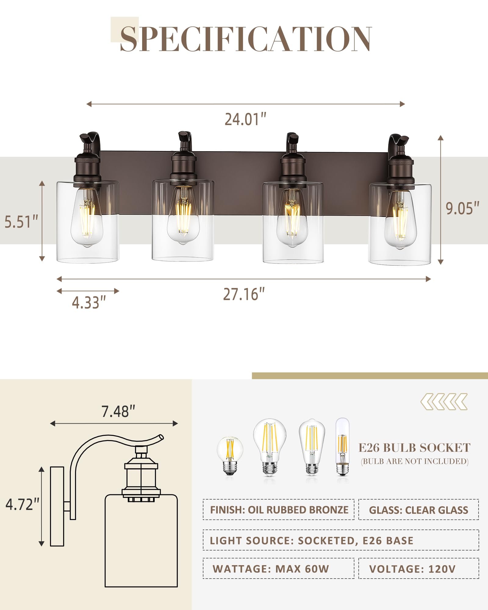 JAZAVA ZCVL01ORB glass shades close-up show clear glass and bronze finish.