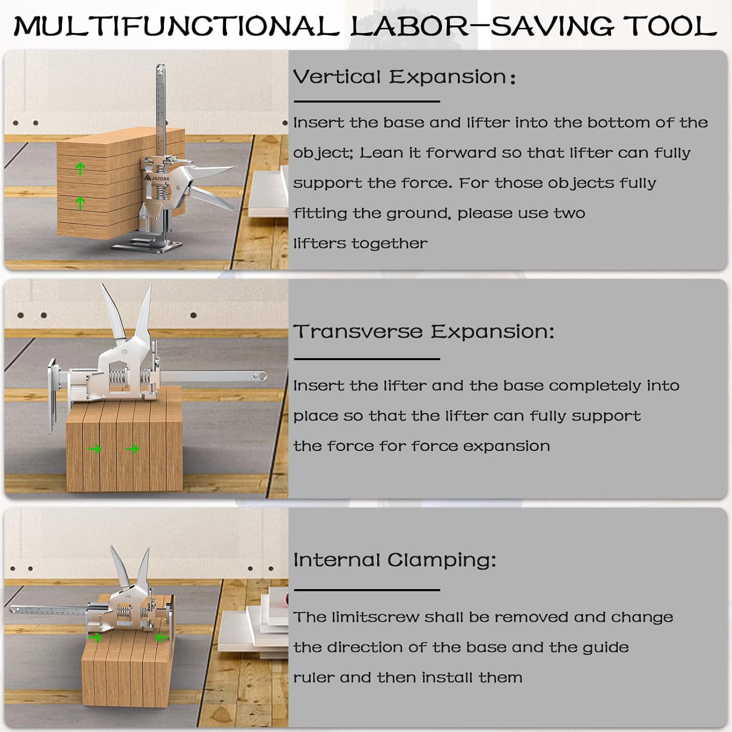 JAZORR load-bearing arm supports up to 440 lb during heavy cabinet moves.