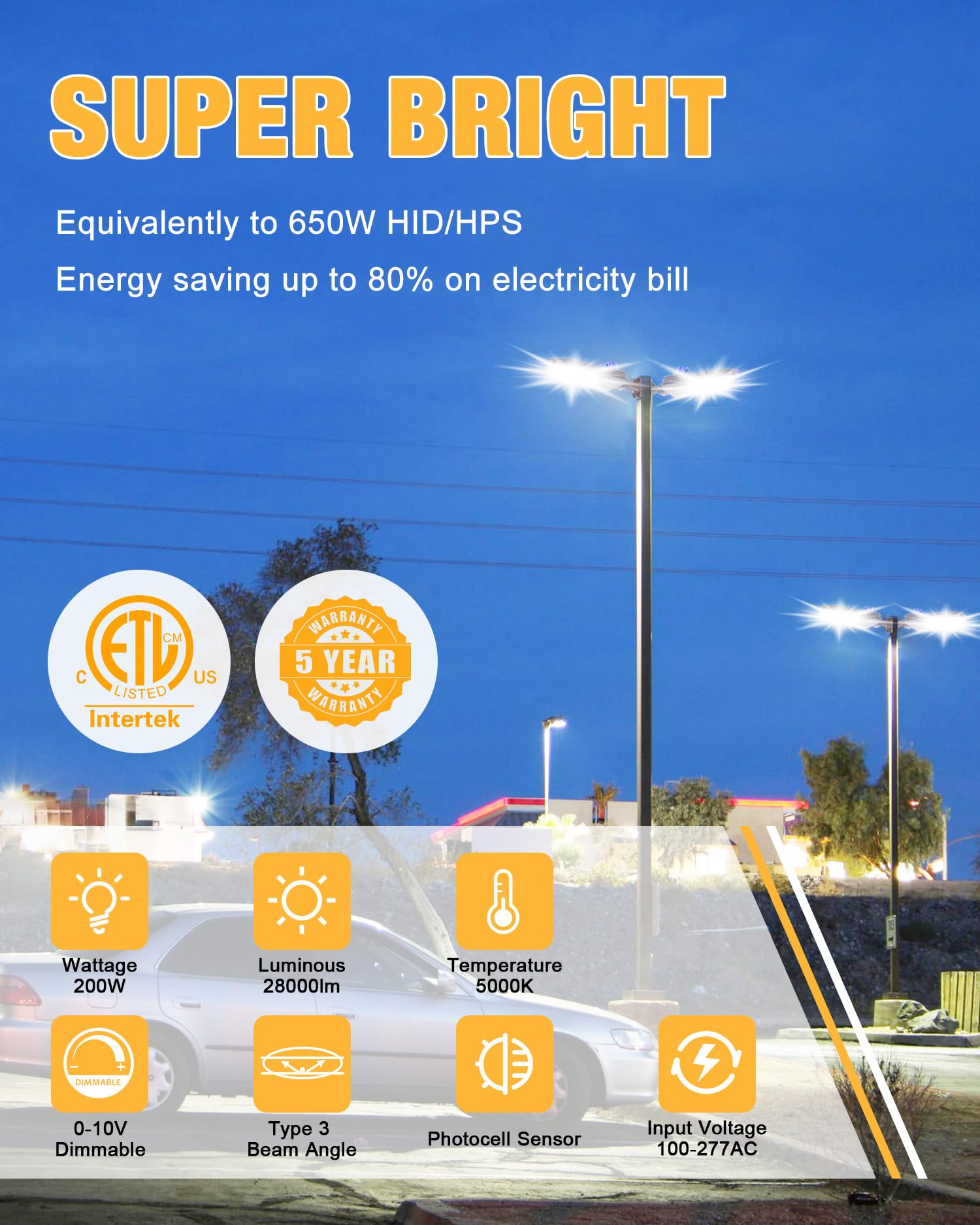 JC-LGL 200W LED parking lot light with dusk-to-dawn sensor saves energy nightly