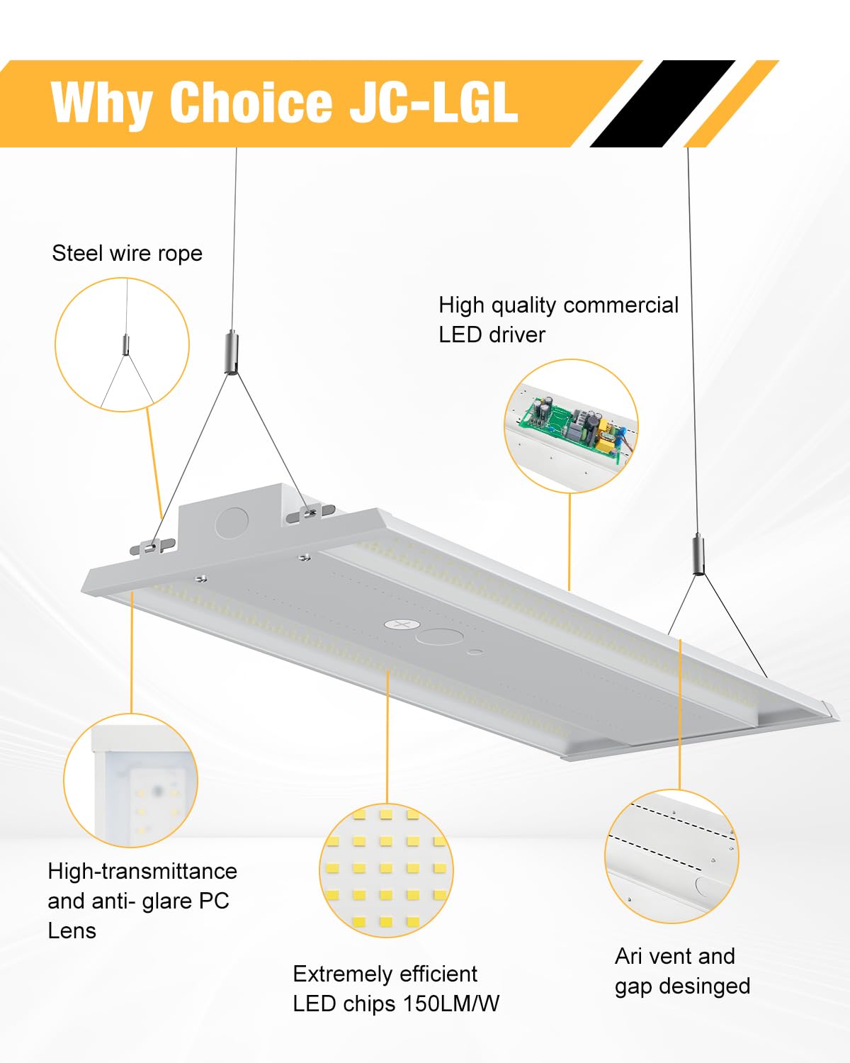 JC-LGL 300W LED High Bay with dimmable 0-10V for adjustable brightness.