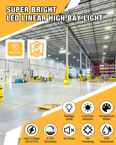 JC-LGL 300W LED Linear High Bay light installed with hanging chain for easy setup.
