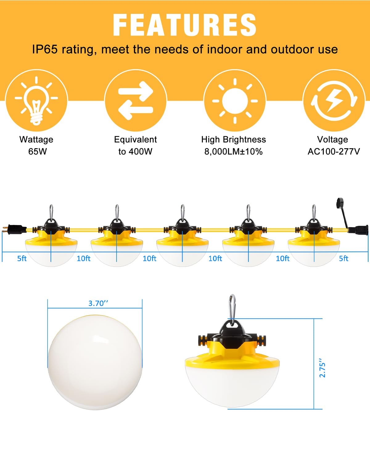 JC-LGL 65W 8000lm brightness delivers clear work illumination