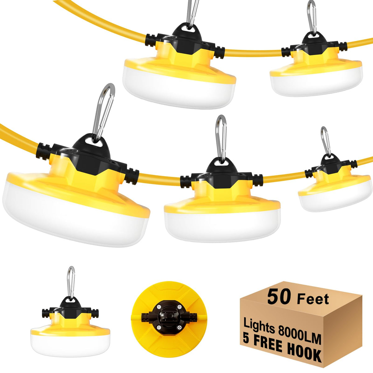 JC-LGL LED construction string light setup providing wide 50ft coverage and consistent brightness.