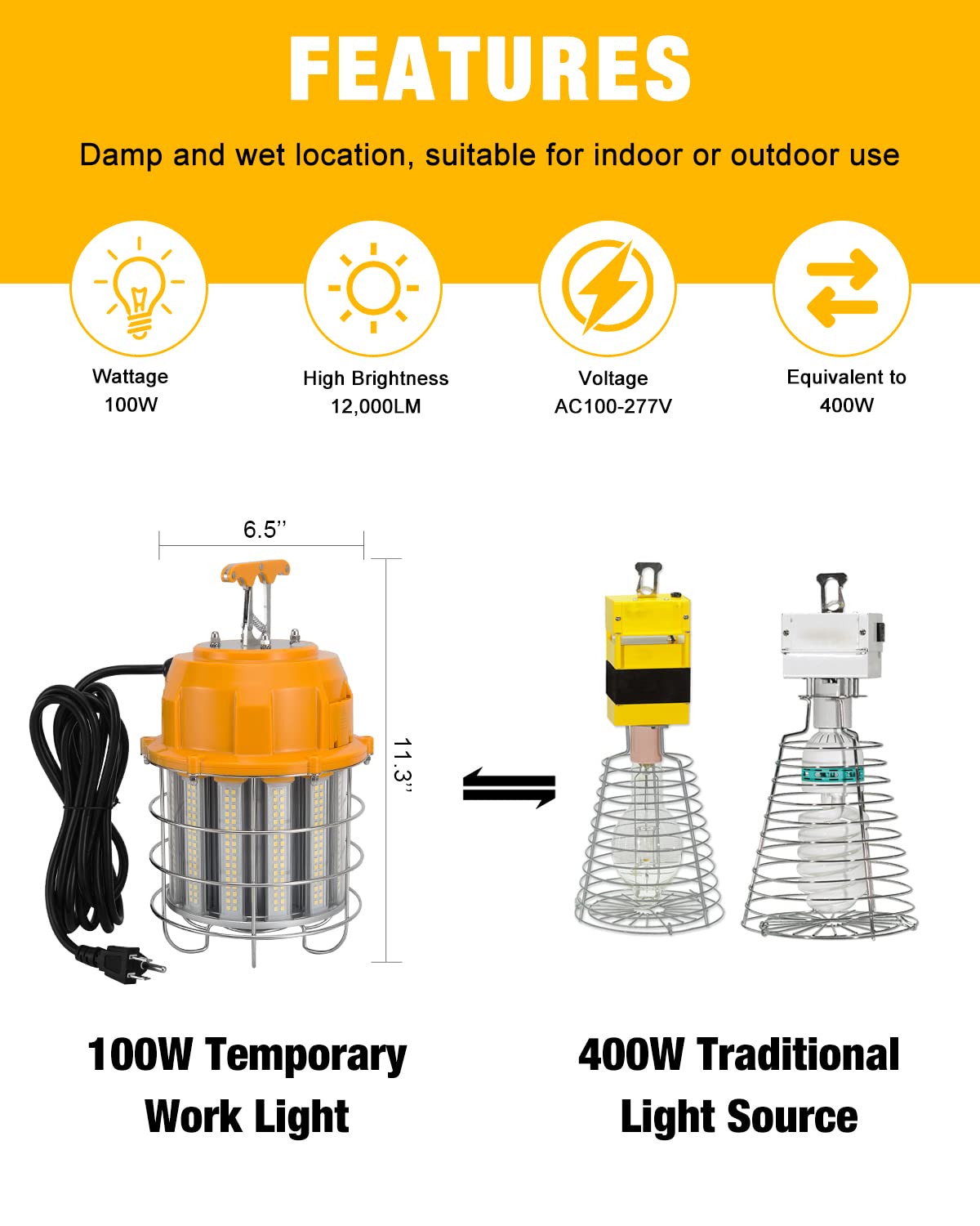 JC-LGL LED temporary work light hanging hook shows flexible ceiling mounting