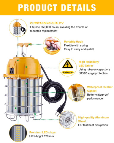 JC-LGL LED temporary work light side view highlighting rugged guard for durability