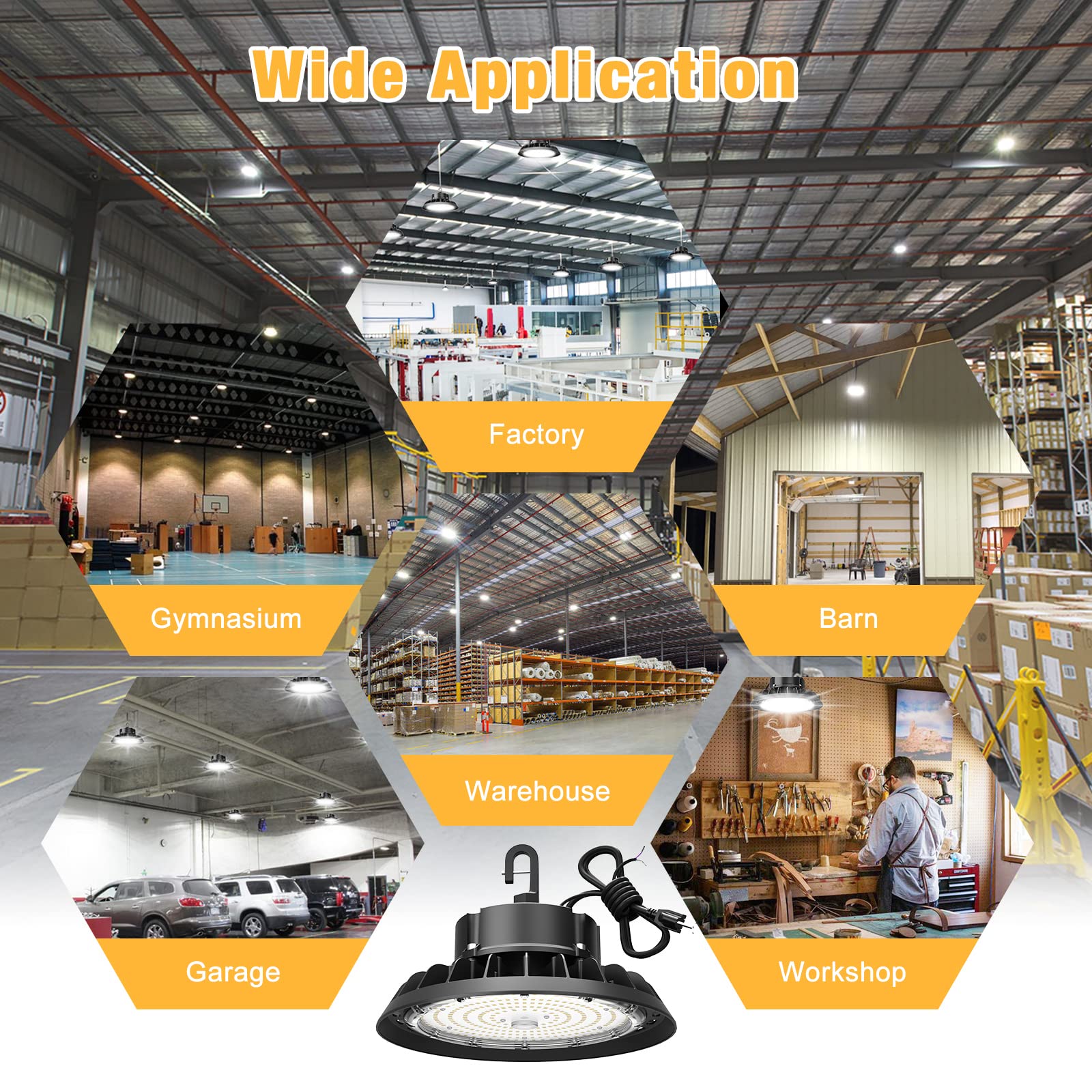 JC-LGL UFO LED high bay light with 120-degree beam for wide coverage.