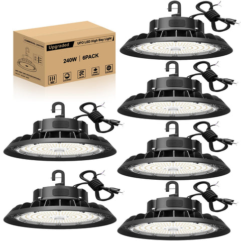 JC-LGL UFO LED high bay light 240W six-pack delivering broad, bright warehouse coverage.