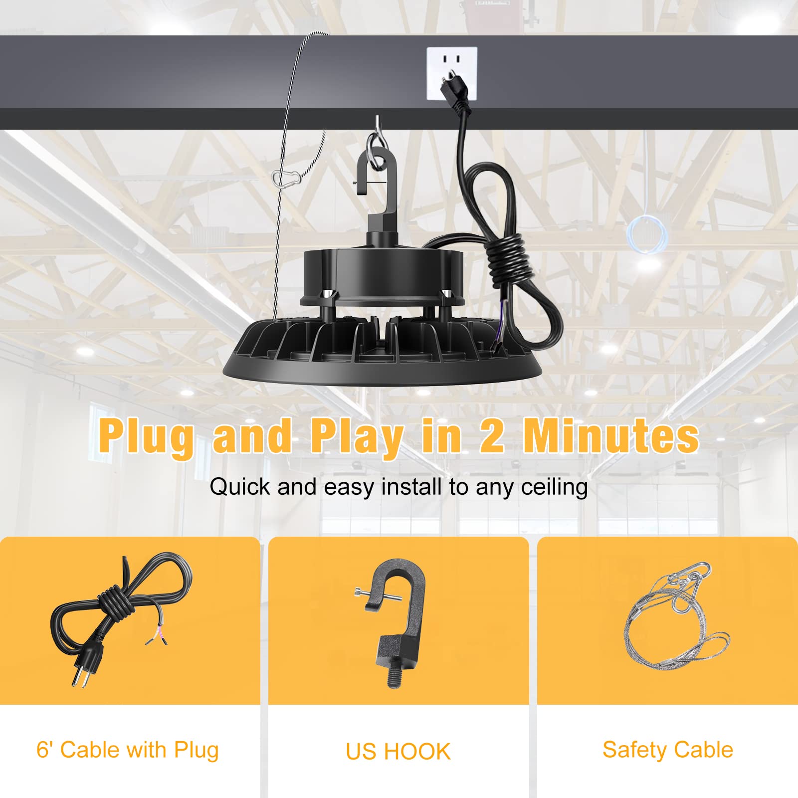 JC-LGL UFO LED high bay light includes safety rope and hook for secure mounting.