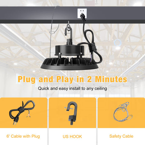 JC-LGL UFO LED high bay light includes safety rope and hook for secure mounting.