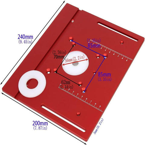 JCFANTS aluminum router plate 240x200 mm, easy mounting on benches.