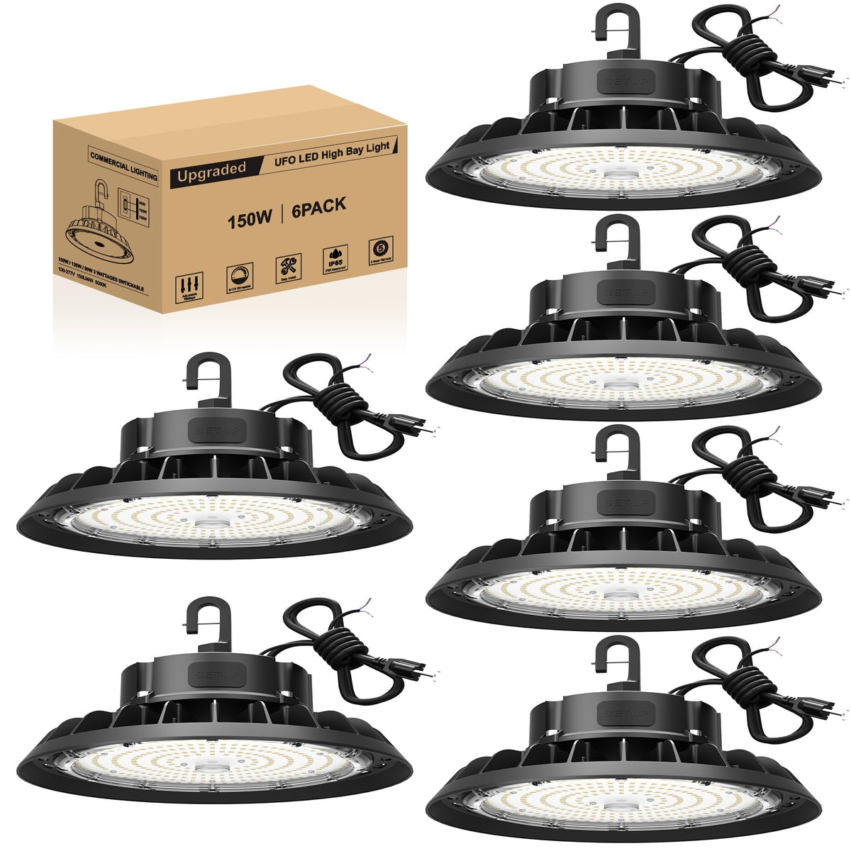 JC-LGL UFO LED high bay six-pack front view for bright warehouse lighting