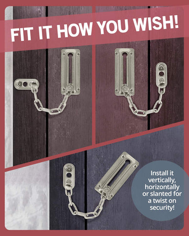 Satin nickel finish on JD Jack N'Drill door chain lock.
