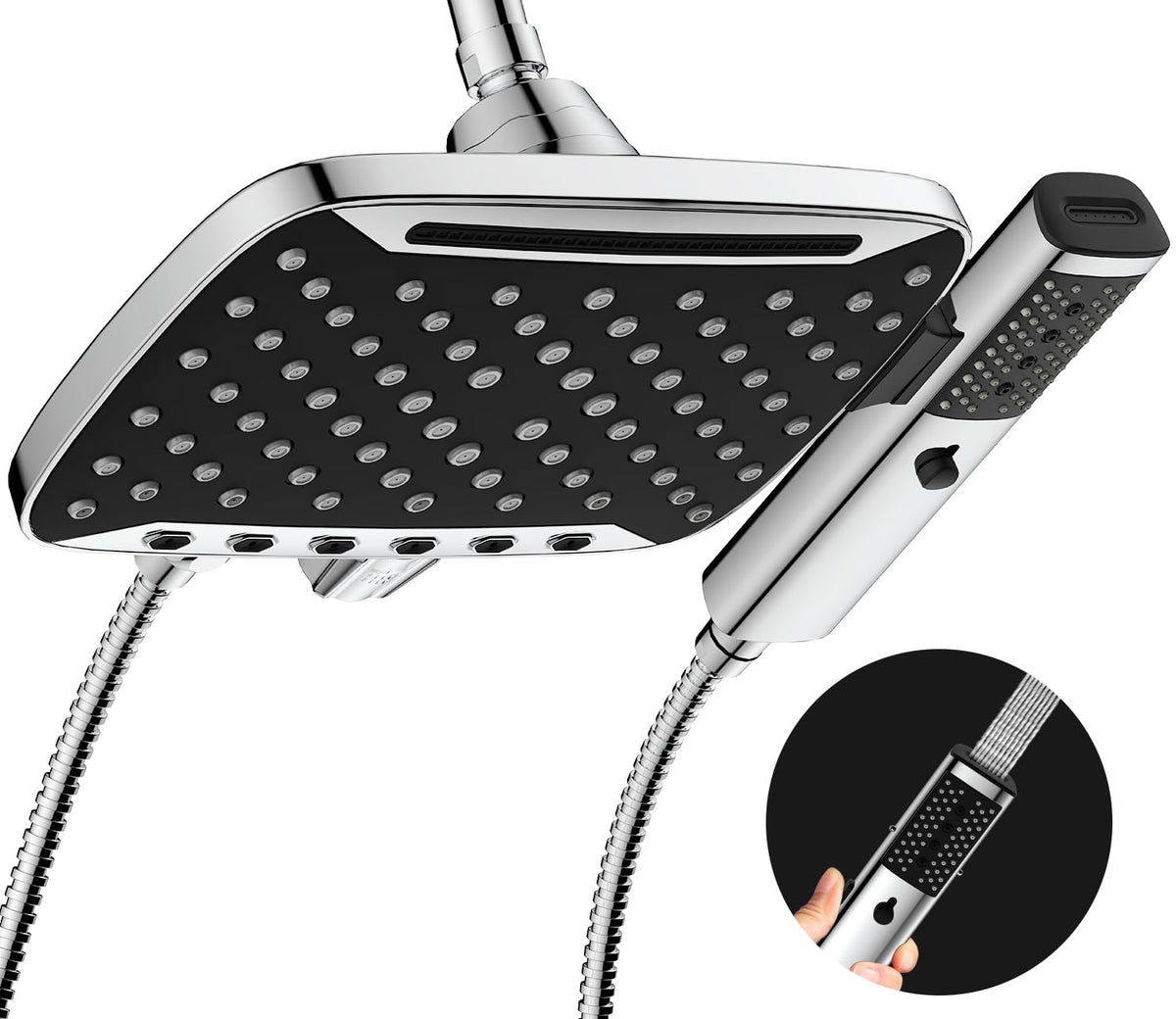 JDO high-pressure shower head with 10-inch rainfall head delivers immersive spa-like shower.