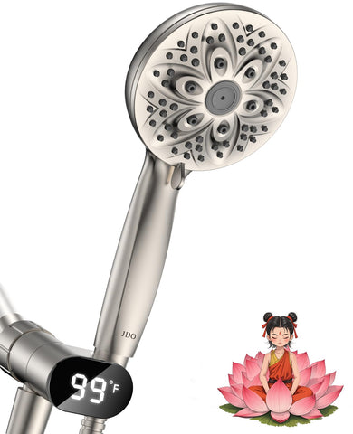 JDO handheld showerhead with LED display temperature provides quick heat checks.