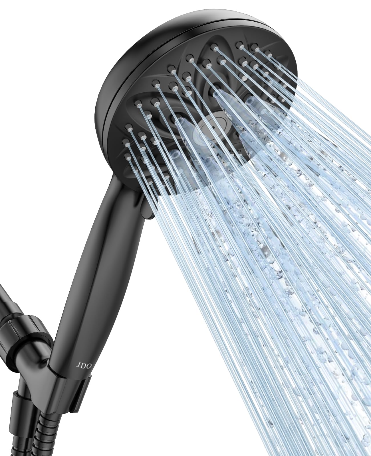 JDO handheld shower head with six settings for versatile cleansing.