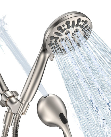 JDO handheld shower head in brushed nickel with adjustable angle for comfortable rinsing.