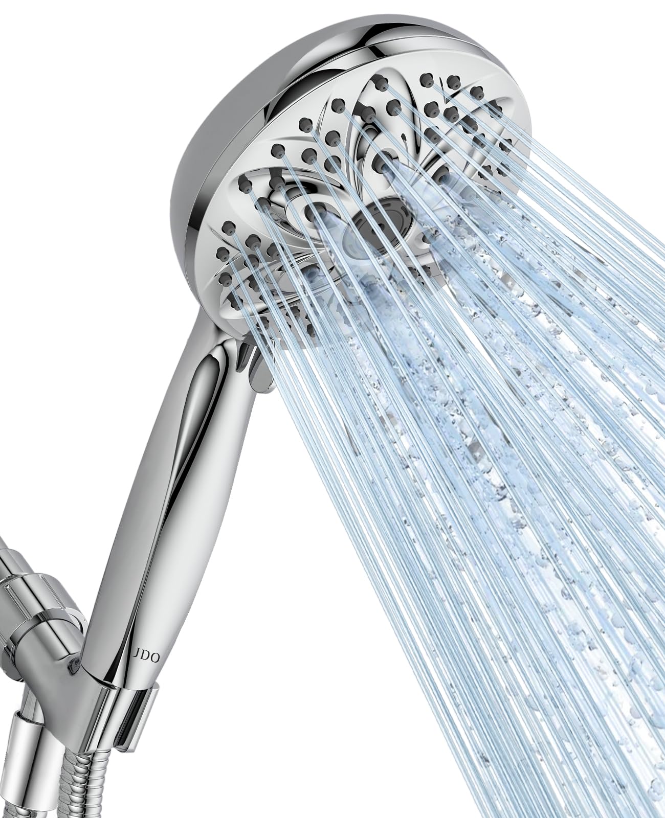 JDO six-pattern showerhead displaying six spray options for customized cleansing.