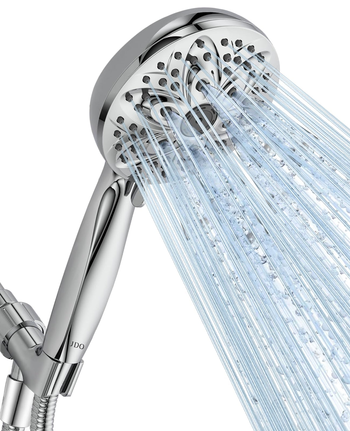 JDO six-pattern showerhead displaying six spray options for customized cleansing.