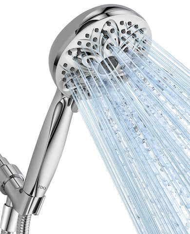 JDO six-pattern showerhead displaying six spray options for customized cleansing.