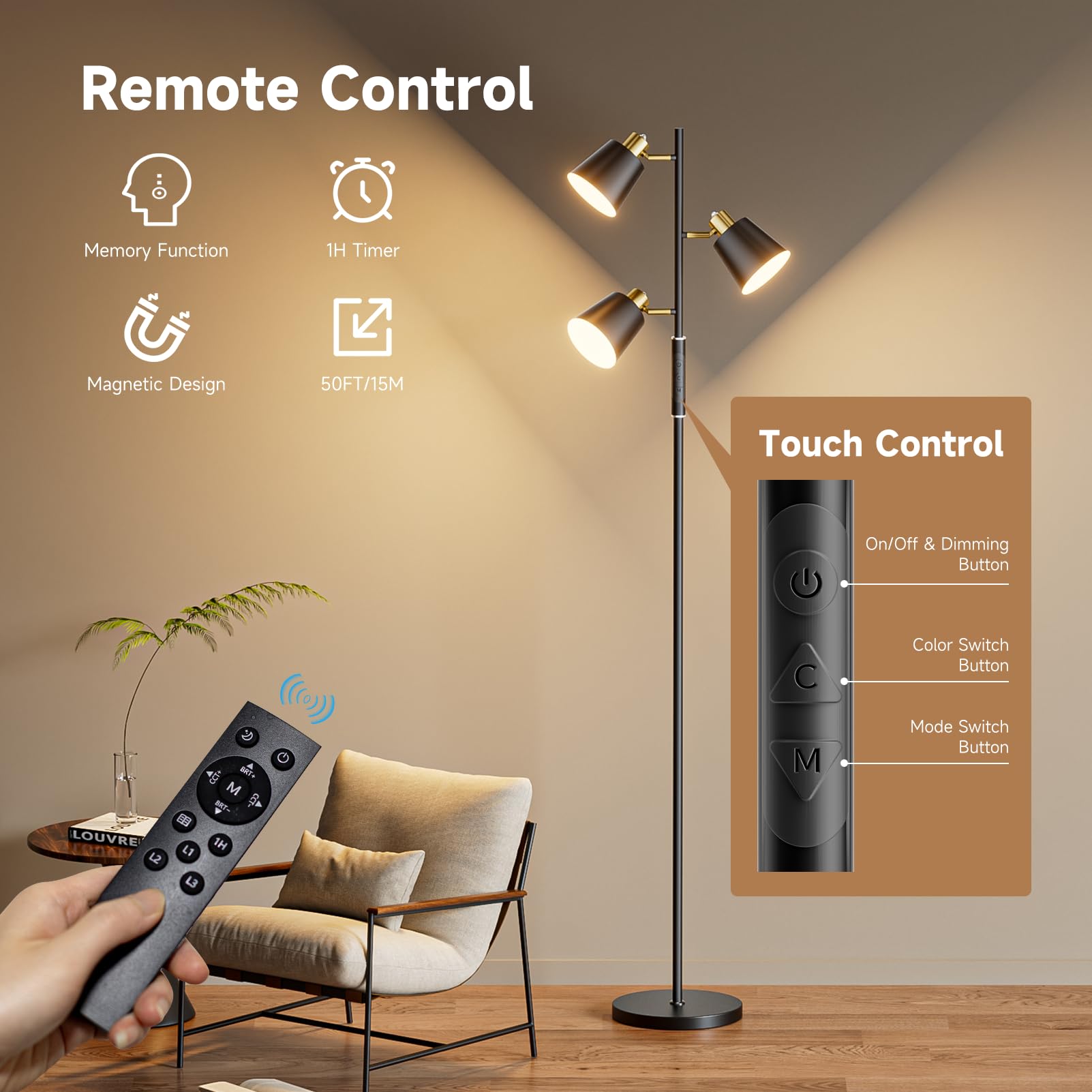 Jeagop LED Tree Floor Lamp with stable base for anti-tip safety.