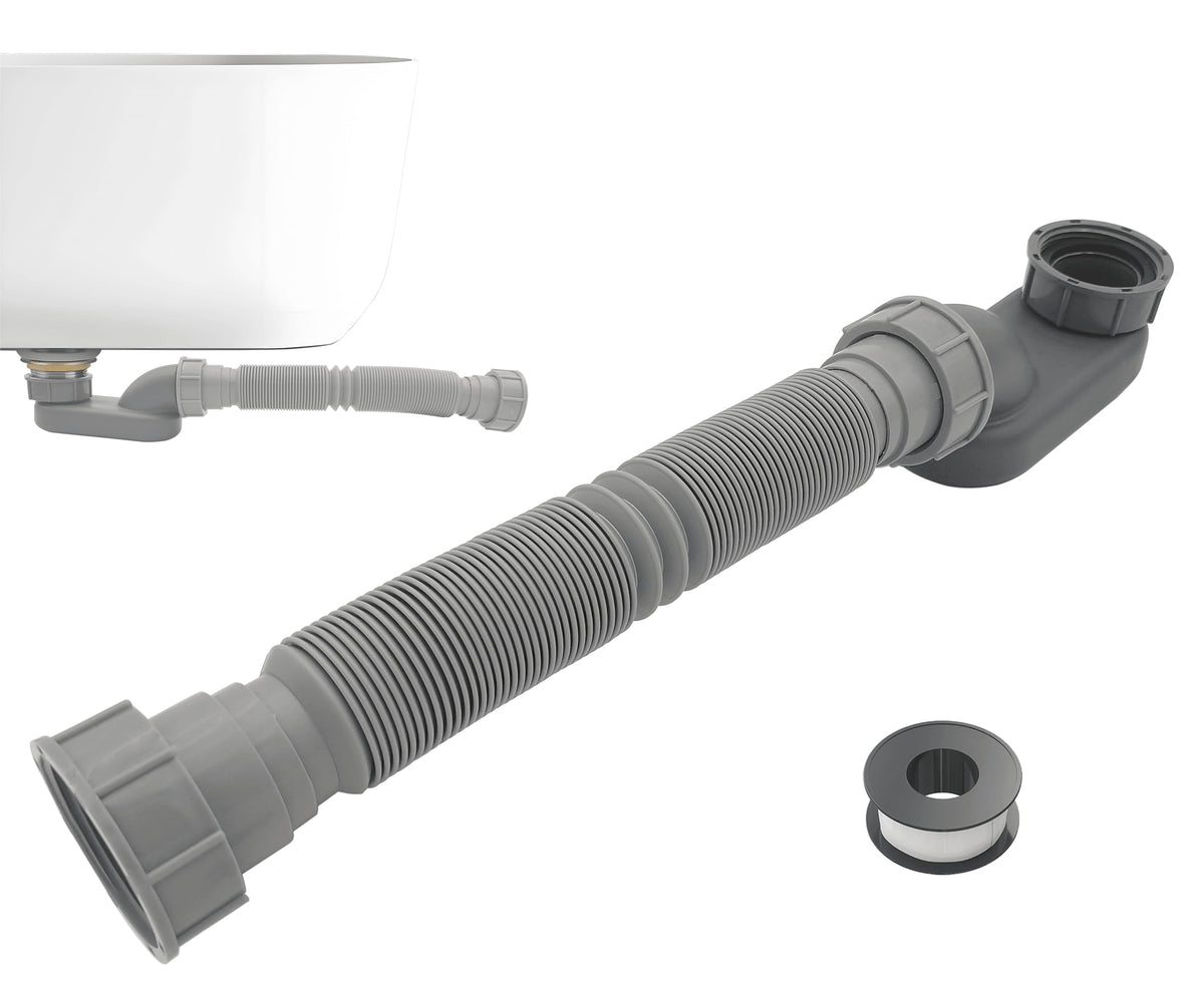 Jeckthun 1-1/2 inch tub drain low-profile P-trap for tight spaces.