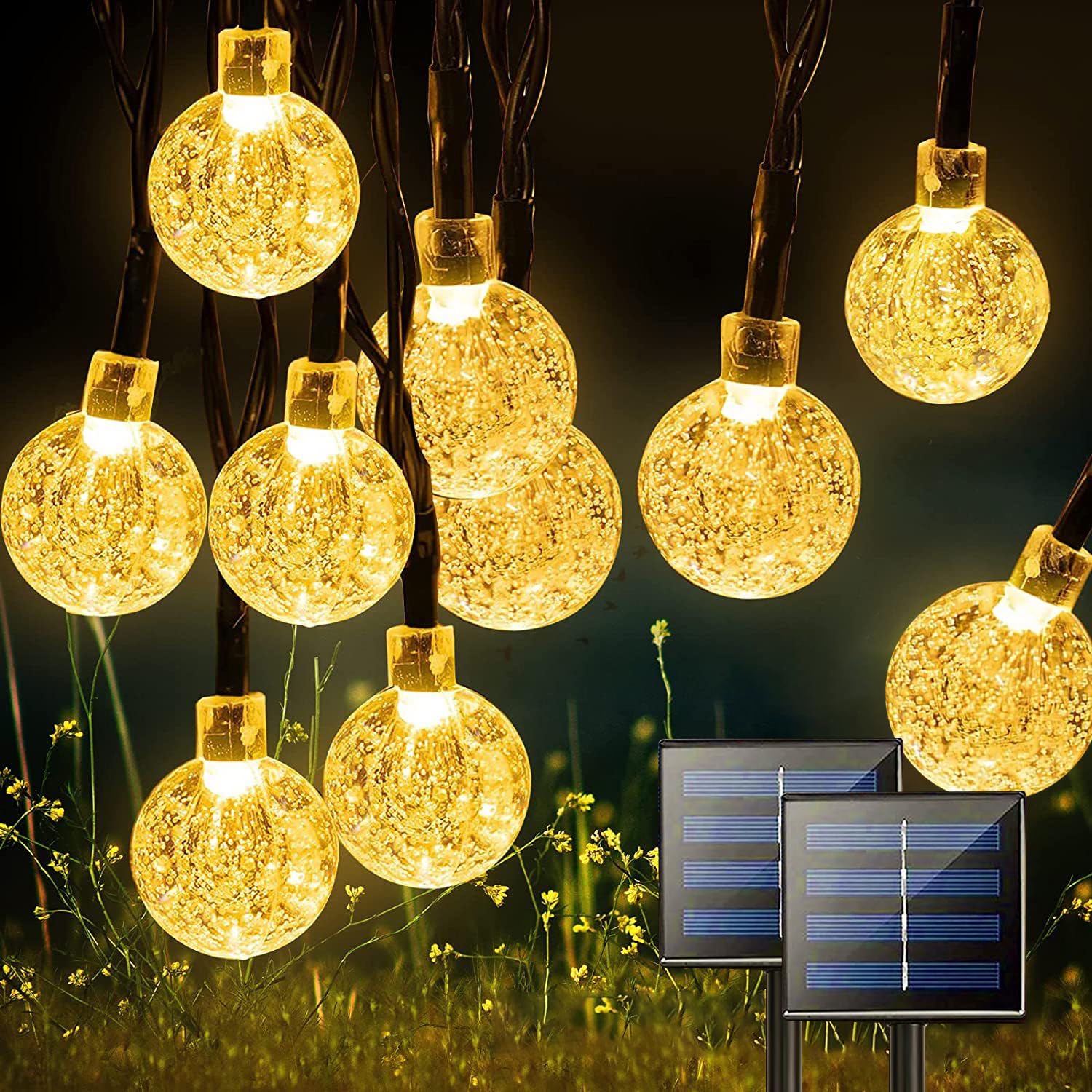 Jedavai solar string lights glow warmly on crystal globe bulbs for outdoor ambiance.