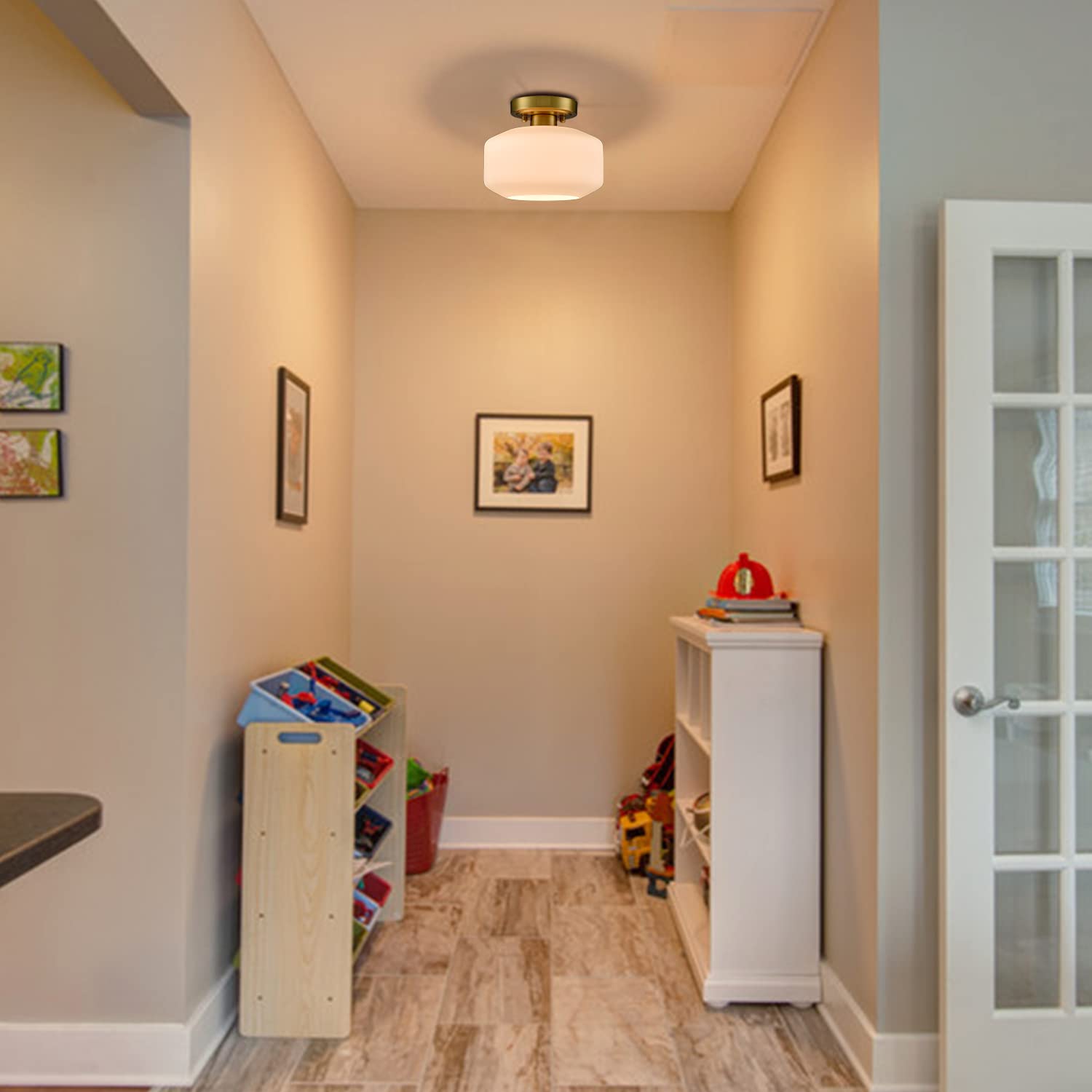 JEENKAE opal milk glass shade delivers soft, warm hallway illumination