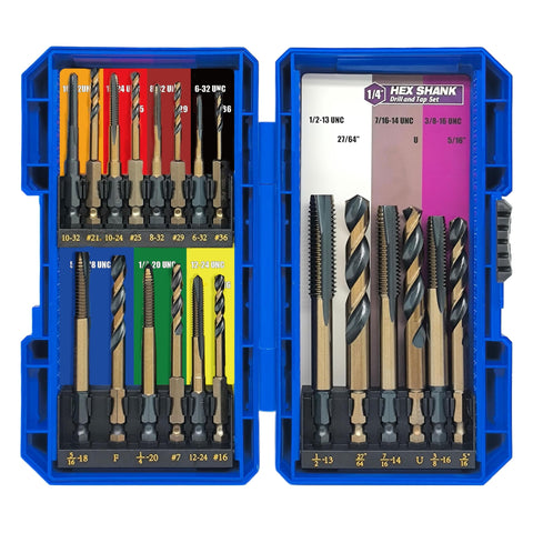 JEFE HEX 20pc drill and tap set in blue case for portable use and quick tasks