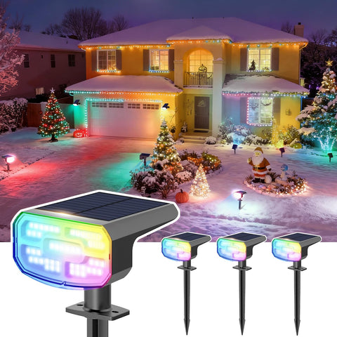 JEJOT color-changing solar spot lights illuminate the porch with vibrant RGB hues.