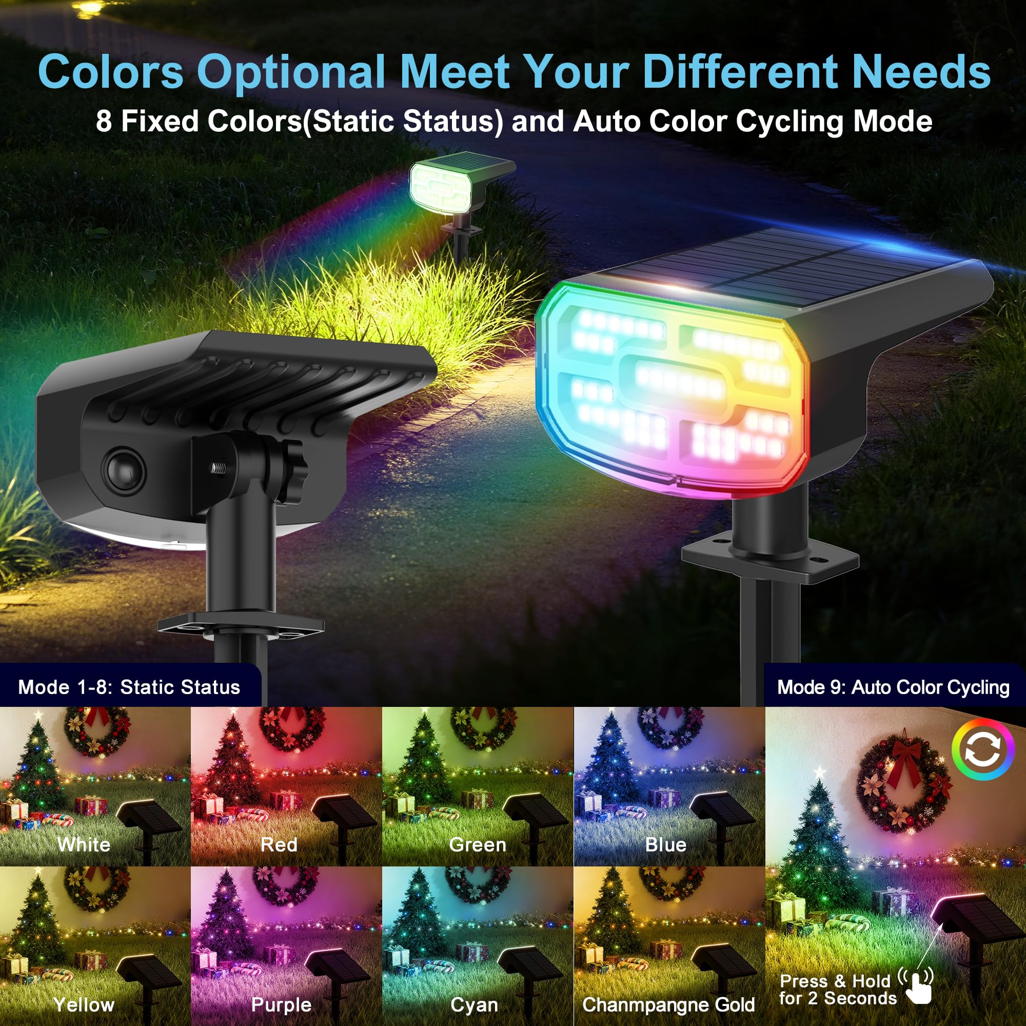 JEJOT multicolor RGB yard light creates festive atmosphere in gardens and walkways.