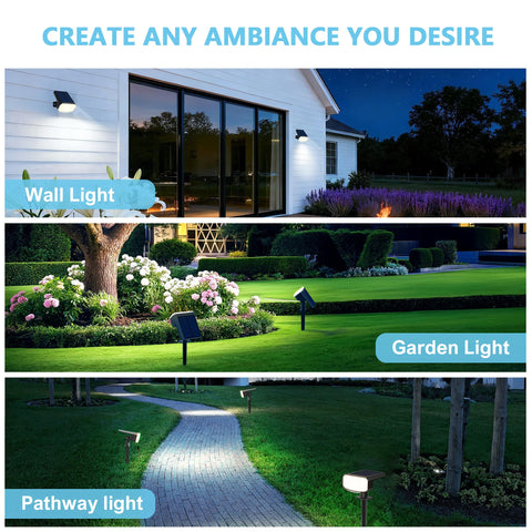 JEJOT solar lights landscape illumination highlights paths, shrubs, and entryways.