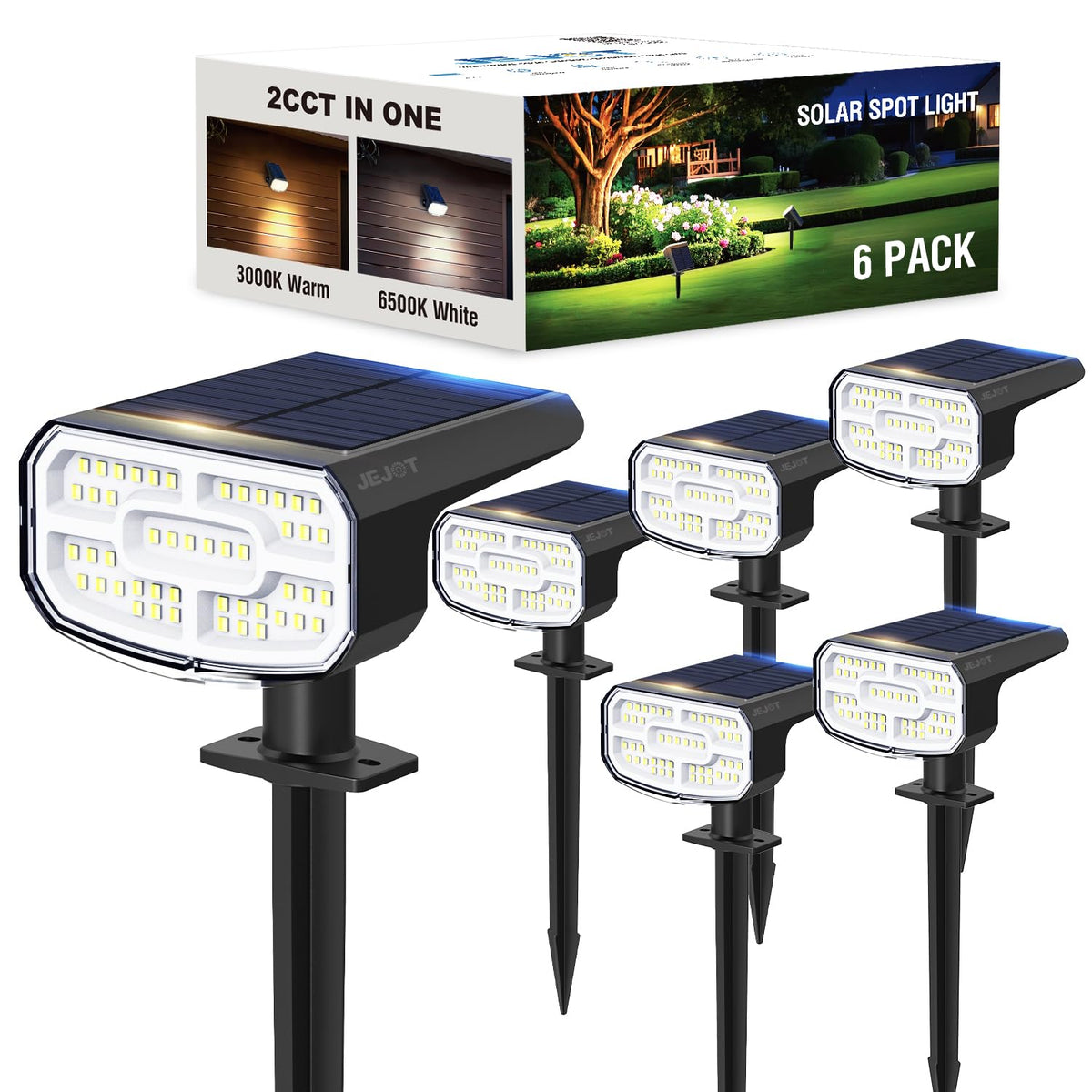 JEJOT solar spot light garden installation provides warm ambient pathway lighting.