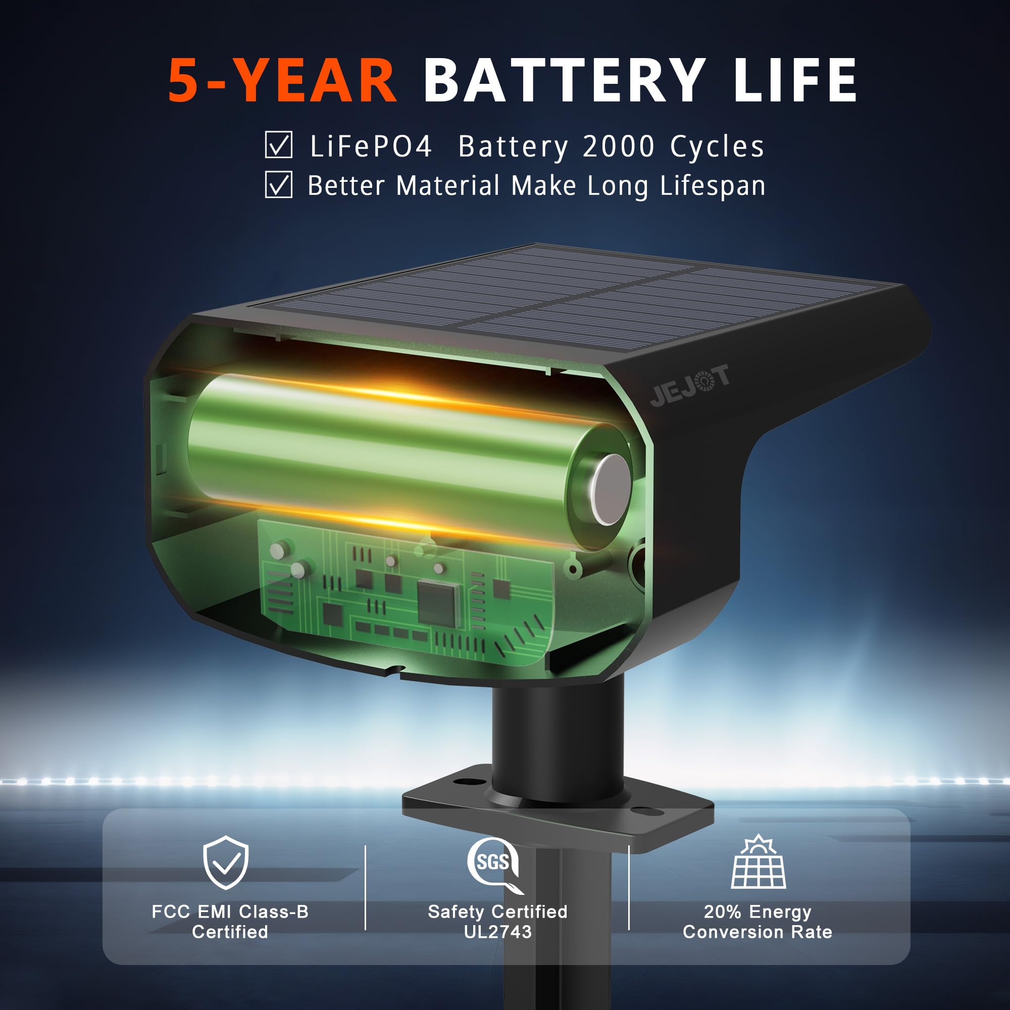 JEJOT solar spotlight with 2700K warm light for cozy pathways.